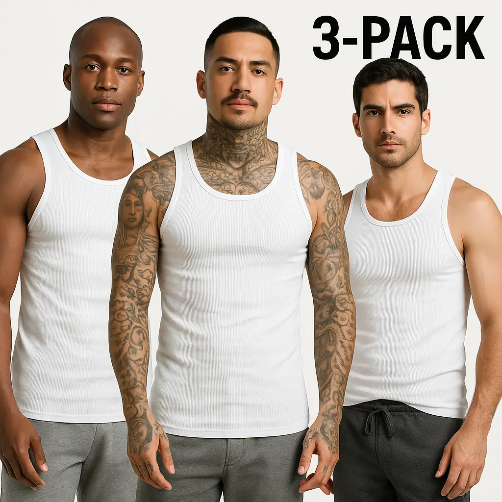 Knocker Men's 3-Pack A-Shirts 100% Cotton Ribbed Underwear Tank Top Solid Casual Menswear White Black Heather Grey Fitted Breathable