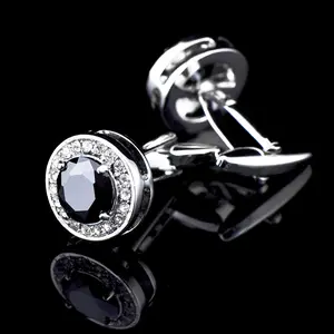 Mens Personalized Cufflinks Elegant FrenRound Black Diamond Designch Cuff Links for Men - Glamorous Style with Rhinestone Details, Pure Copper Material, Versatile Business Suit & Formal Dress Accessory, Round Black Diamond Design