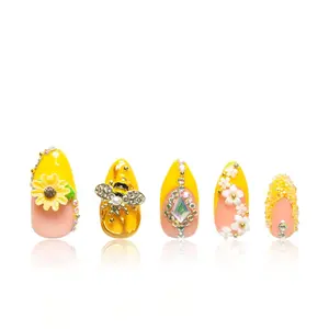 Press on Nails Honey Bee Yellow | Handmade with Full Covered Crystals | Reusable Fake Nails | Almond Regular 1.0 in | H101-M