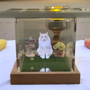 Pet Interactive Memorial Display Box with 3D Holographic Image Customizable for Cat or Dog Pet Loss Gift Transparent Touch Interaction