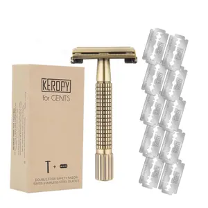 Keropy Safety Razor, Brass Color Double Edge Razor for Men, Butterfly Metal Razor with 10 Stainless Steel Blades, Reusable Wet Shaving