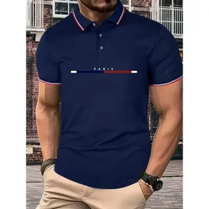 Men's Regular Fit Letter Print Contrast Binding Polo Shirt, Casual Short Sleeve Button Front Top for Summer,?Summer Outfits 2024, Fashion Men's ClothesGift
