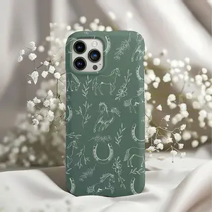 Green floral cowgirl horse Western racing design, durable, shock-absorbing, glossy 2-in-1 phone case, compatible with iPhone 17, 16, 15, 14, 13, 12, 11, X, Samsung and other models. Makes a great holiday gift for friends or family.