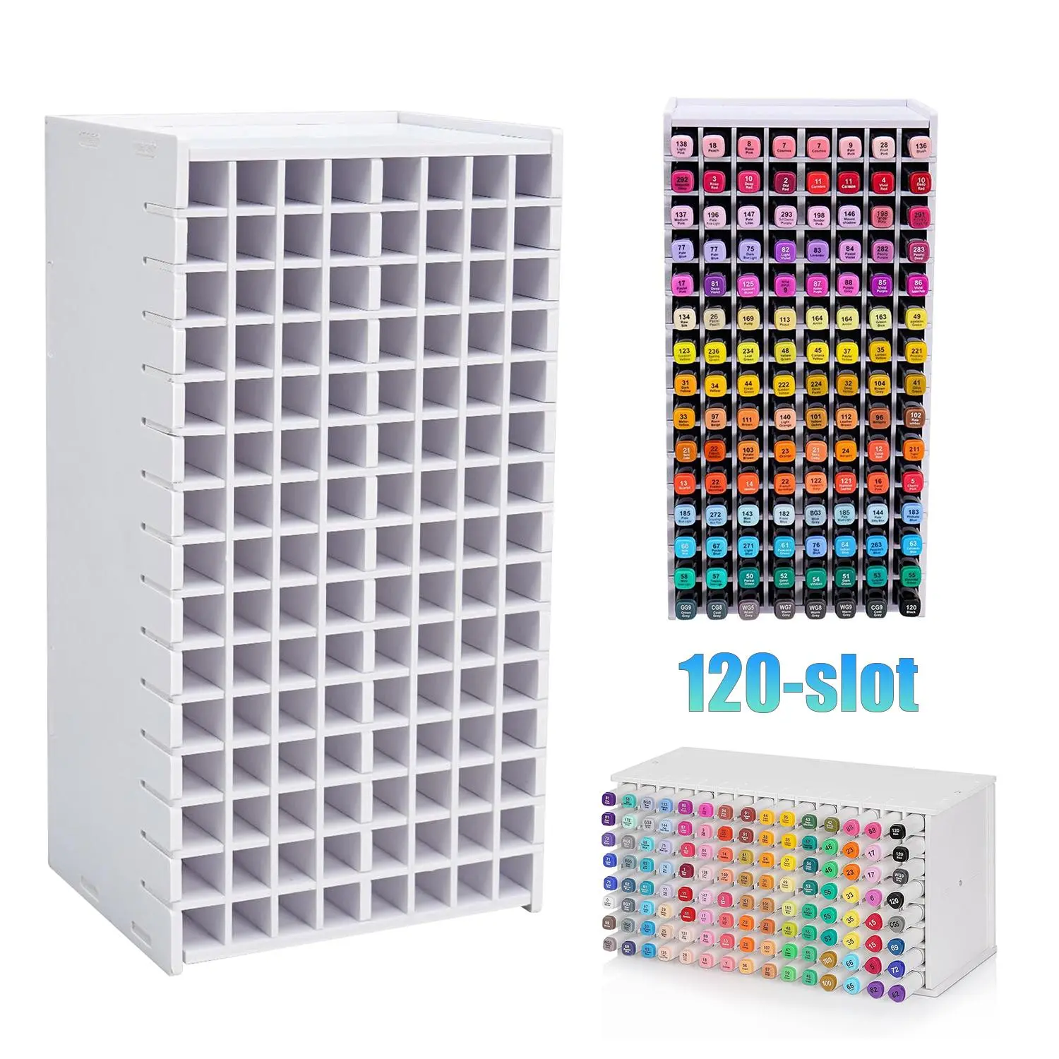 Marker Storage Organizer (1 Pack) - 120-Slot Desk Rack with Removable Adjustable Dividers, 13.39x6.89x5.12in Multifunctional Stationery Holder, Desk Supplies Desktop Accessory for Colored Pencils, Paint Brushes, Back to School