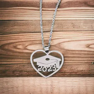 Hats Off Graduation Necklace with Heart Pendant, 2023 Design, Silver Chain