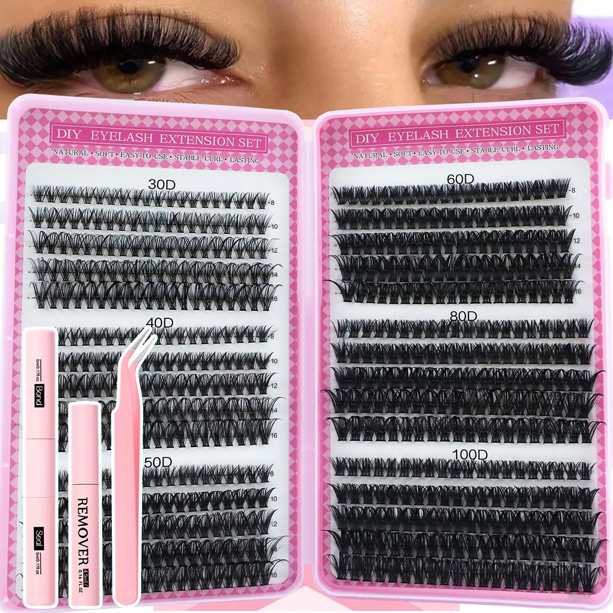 600 Pcs Eyelash Extension Kit with Glue, Tweezers, Remover Cream, Cosmetic False Lashes, Mixed 8–16 mm Lengths, Curl Lashes, Beginner-Friendly DIY Eyelash Extension Set for Home Use