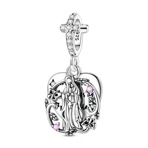 MULA 925 Sterling Silver Cubic Zirconia Virgin Mary Heart Charm, Pandora-Compatible Religious Bead, Women's Inspirational Charms & Pendants, Confirmation Gift