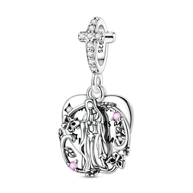 MULA 925 Sterling Silver Cubic Zirconia Virgin Mary Heart Charm, Pandora-Compatible Religious Bead, Women's Inspirational Charms & Pendants, Confirmation Gift