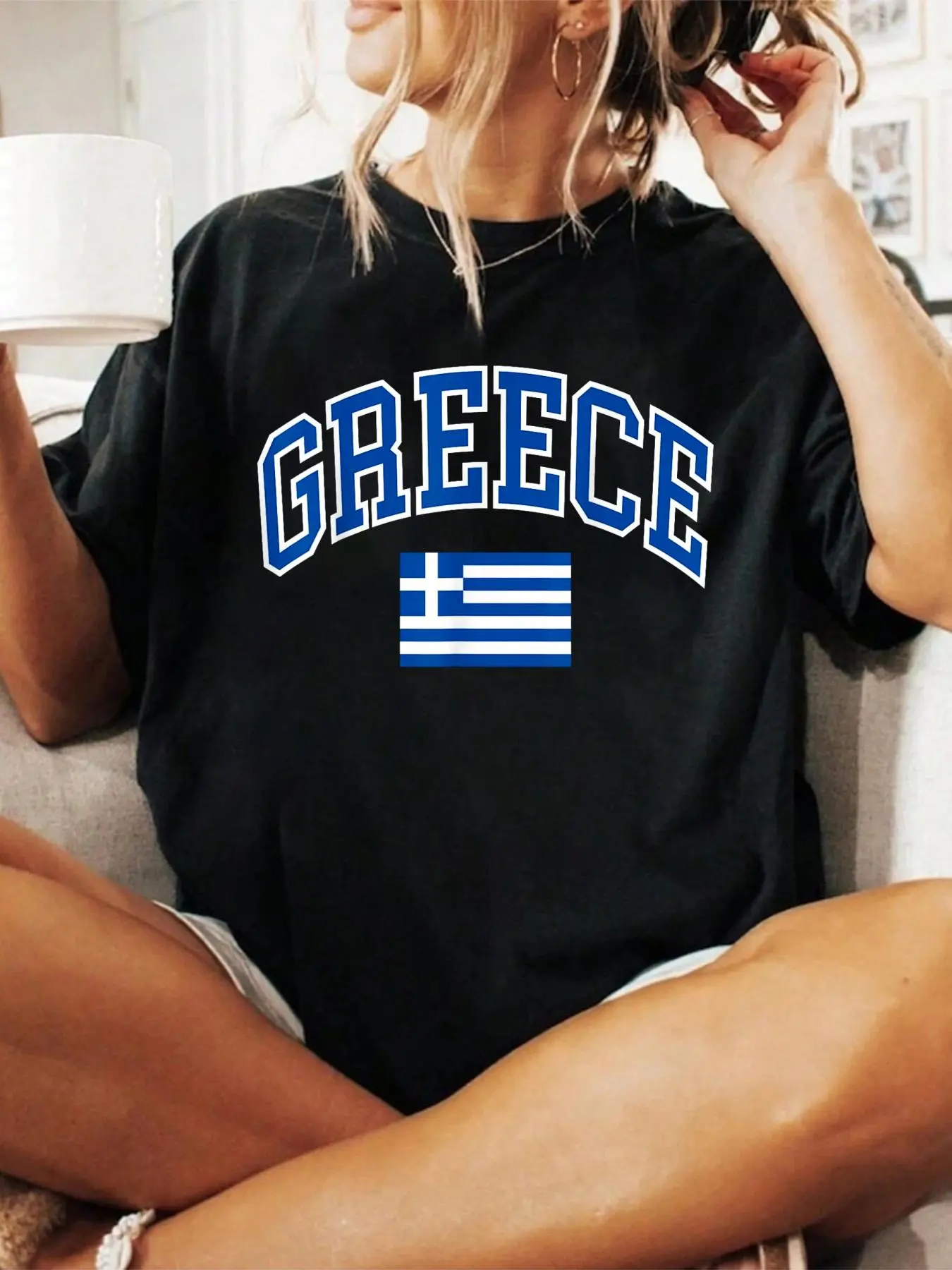 Women's Greek Flag Print Cotton T-Shirt - Casual Loose-Fit Round Neck Short Sleeve All-Seasons Clothes, Machine Washable Streetwear Top for Parties, Note: Do Not Bleach, Tumble Dry Compatible
