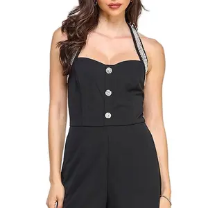 Elegant Pearl Neckline Jumpsuit with Sharp Buttons for Women's Fashion
