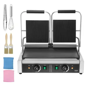 【Father's Day】VEVOR Commercial Panini Grill,  3600W Electric Sandwich Panini Maker, Stainless Steel Double Sandwich Press, Panini Grill with Temp Control & 19"x9" Full Flat Enamel Plate, for Hamburger Steak Bacon