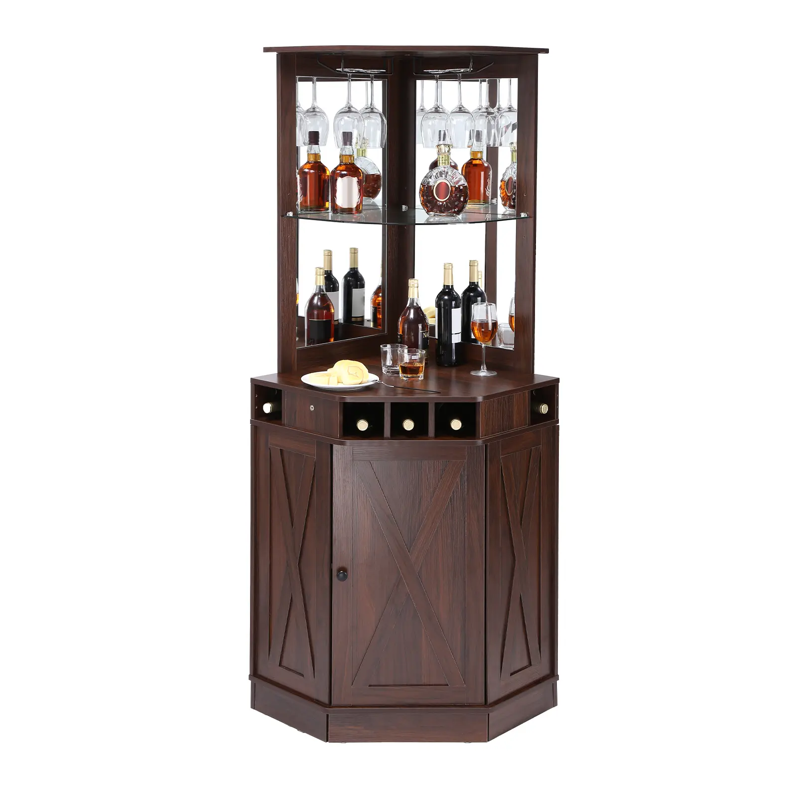 【summerfinds】VEVOR Corner Industrial Bar Cabinet, Wine Table for Liquor & Glasses, Sideboard Buffet Cabinet with Glass Holder, Freestanding Farmhouse Wood Coffee Bar Cabinet for Living Room, Home Bar, Black Walnut