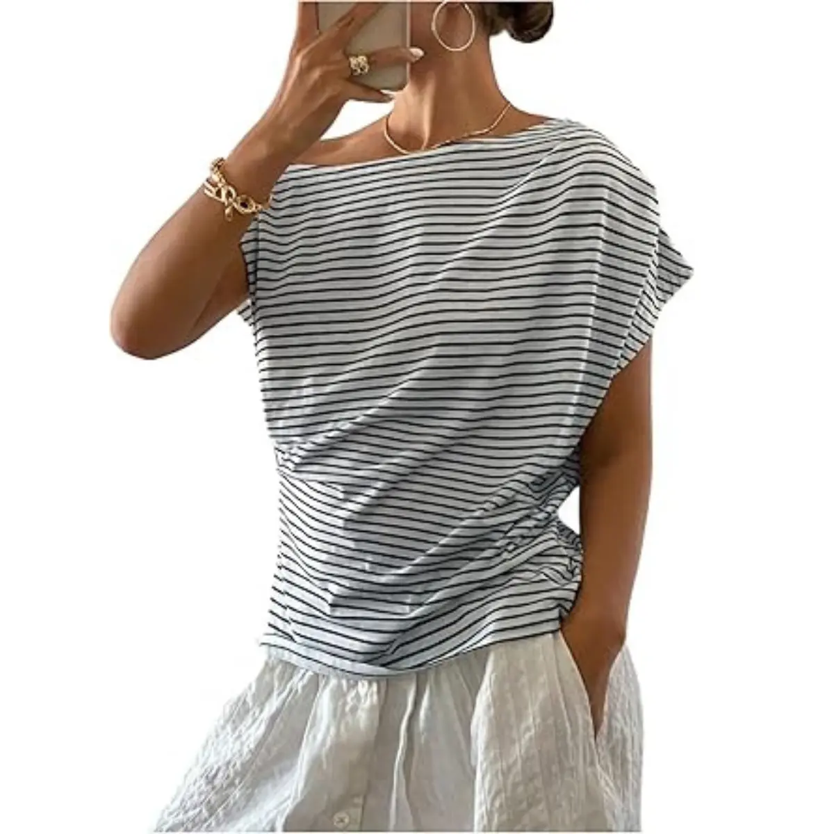 JovenPara Women’s Cute Loose-Fitting Breathable Basics Spandex Striped Off-Shoulder Short-Sleeve Asymmetrical Summer Blouse, Shirts for Women, Off Shoulder Tops, Asymmetrical Neck, Beach Tops, Women's Clothes