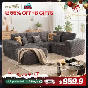 【3 Packages Shipping】Ovios 110" Sectional Cloud Couch for Living Room, Modular Floor Sofa with Plush Corduroy, No Assembly Required, Big Comfy Couches Set with Fluffy Memory Foam, Stupendous U Shaped Sofas with Chaise