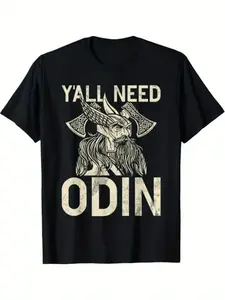 180g Heavyweight Men's T-Shirt Pure Cotton Breathable Distressed Odin Graphic Tee Retro Norse Warrior Style Outfit for Guys S-5XL