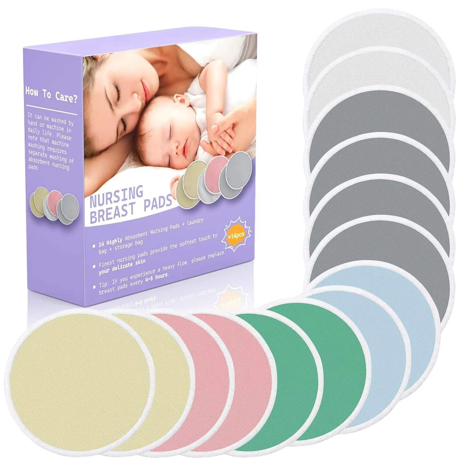14 PCS Reusable Breast Pads for Breastfeeding – Washable Nursing Pads, Reusable Nursing Pads with Wash & Carry Bags, 4.7 Inch