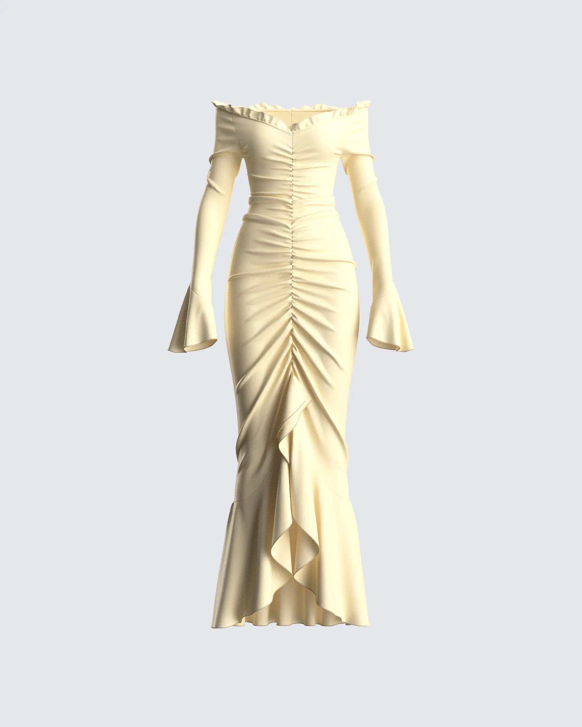 Women's Rafella Yellow Off-Shoulder Fitted Formal Dress, Formal Wear, Long-Sleeve Spandex Design with Sleeves