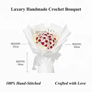 Luxury Handmade Crochet Rose Bouquet - 35cm Red & White Knitted Flowers with Pearls - Perfect Gift for Her - Valentine's Day, Anniversary, Birthday, Wedding - Unique & Everlasting Hand-Stitched Floral Arrangement