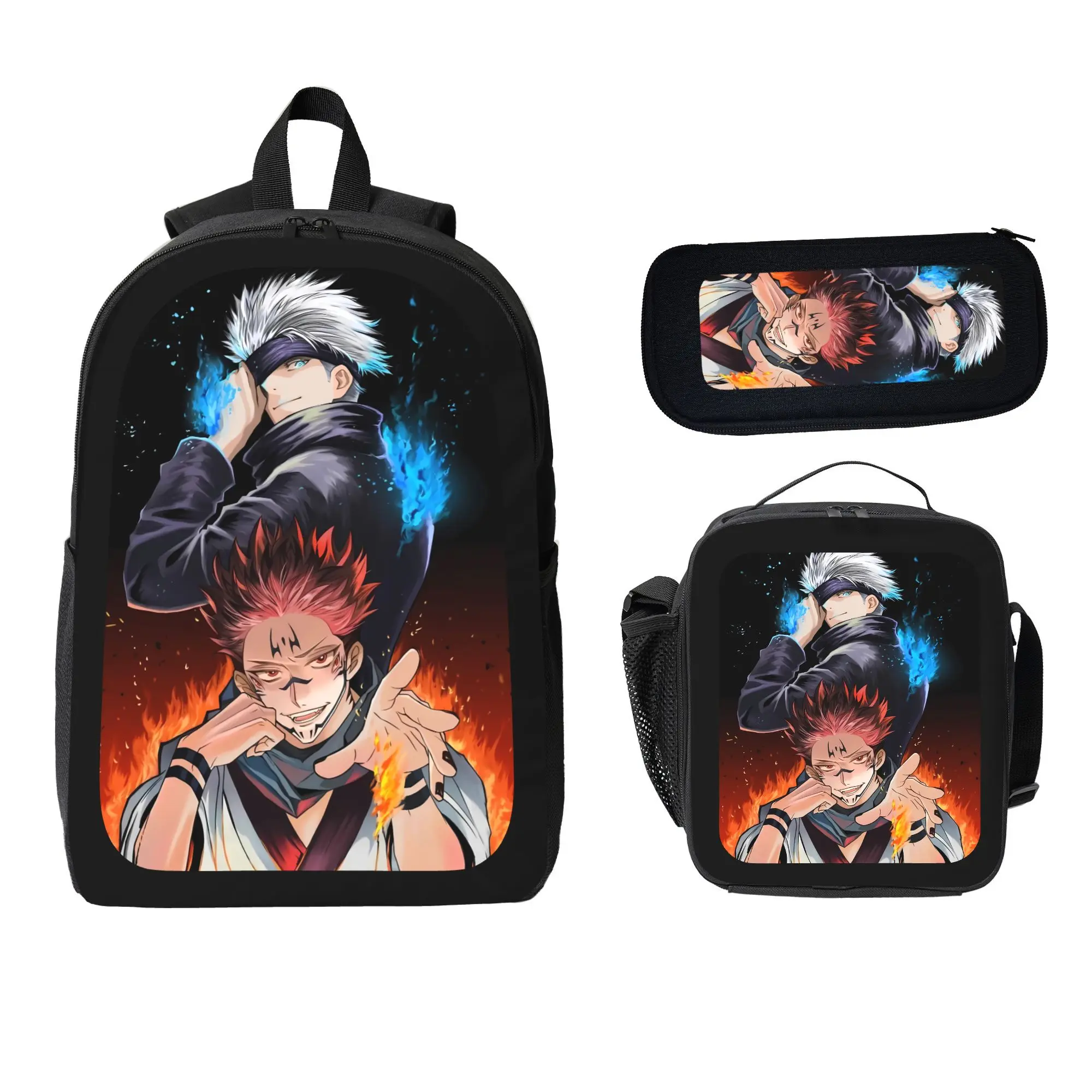 Anime JJK Themed Backpack Combo - 3-Piece Set for Kids, Featuring Yuji Itadori & Satoru Gojo Motifs, Spacious & Comfortable for Daily School Use
