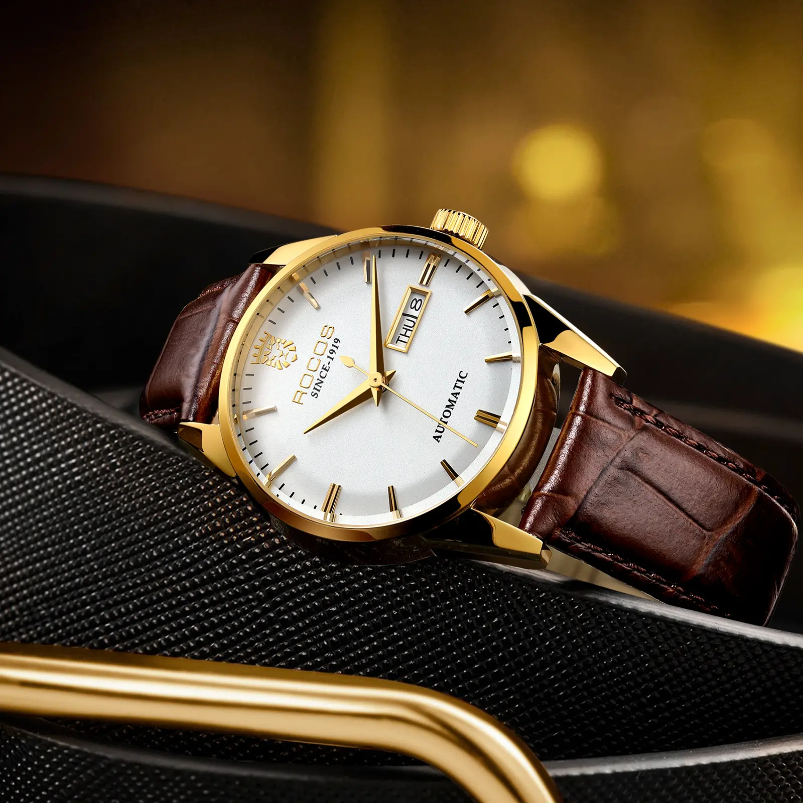 ROCOSJEWE Men's Automatic Mechanical Watch Golden Classic Dial Day & Date Display Luxury Leather Strap Business Dress Wristwatch Gift Choice