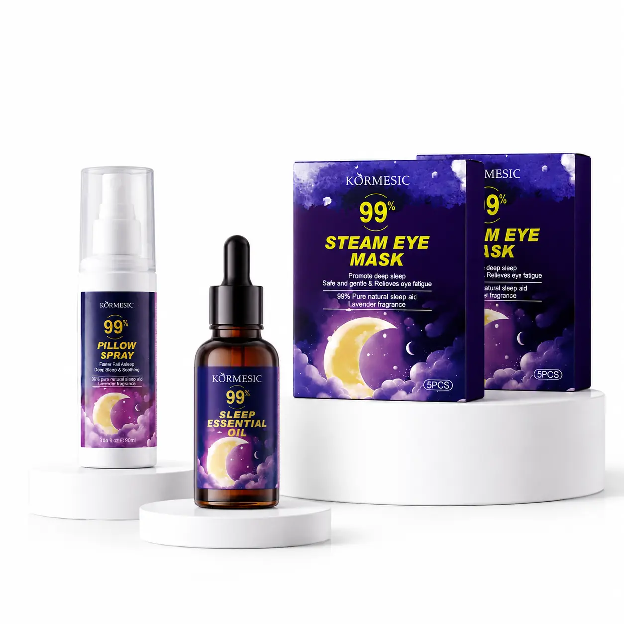 KORMESIC 3-in-1 Lavender Bedtime Routine Set - 2 Boxes Steam Eye Masks, Pillow Spray & Essential Oil, Rosemary Scent Night Self Care Bundle , Soothing, Calming,Scent,Night Self Care