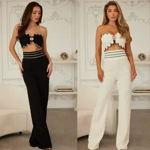 BUBBLE FLOWER TWO PIECE SETS - BANDEAU DESIGN TOP WITH GOLD TRIM - CROP - STRIPE LINE EDGES - ZIPPER ON THE BACK