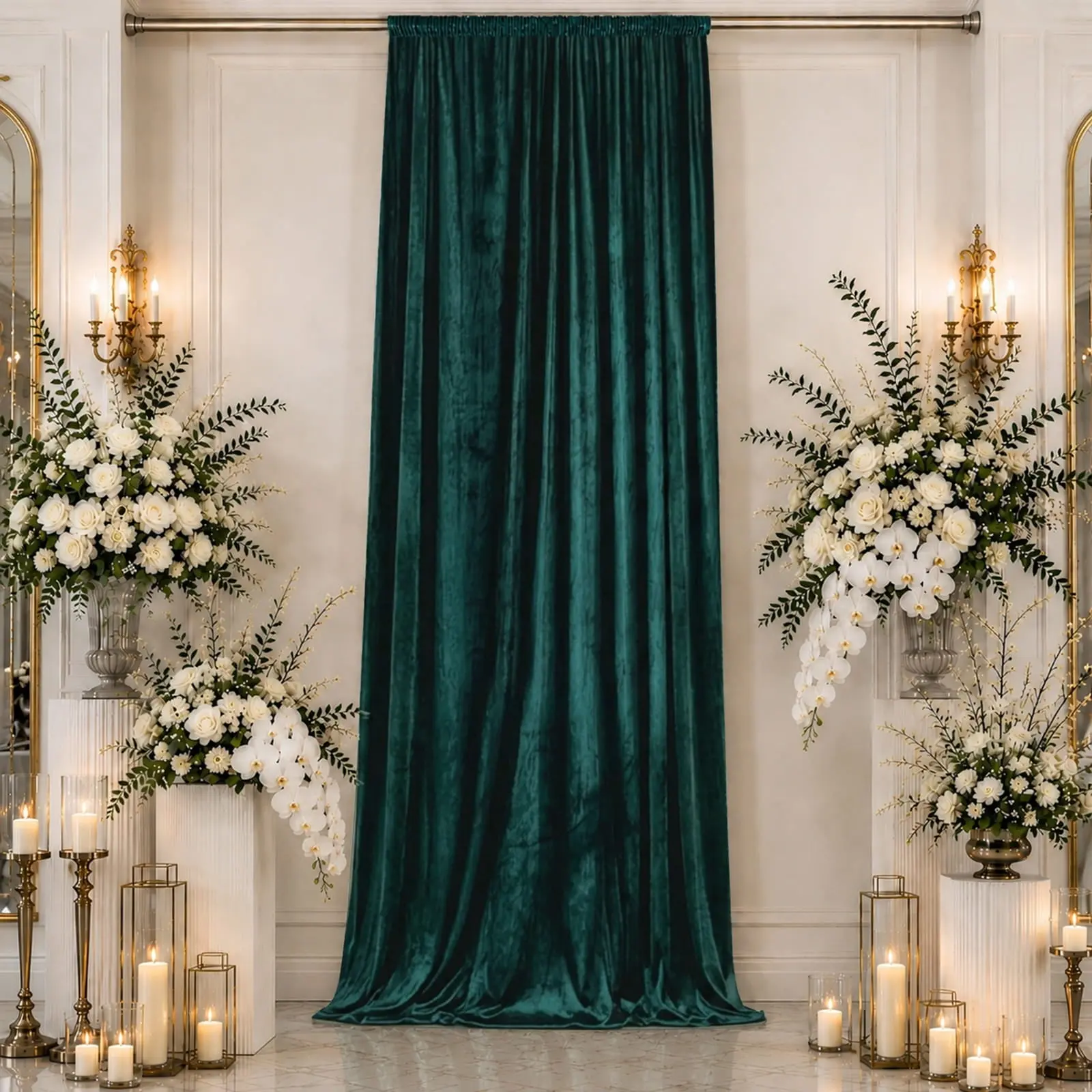 Hunter Emerald Green Premium Crushed Velvet Backdrop Curtain 5ft x 16ft – Event Drape Panel & Ceiling Drapery with Rod Pocket, 70% Blackout