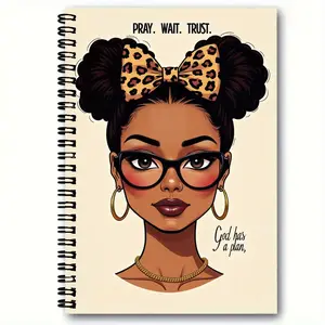 Spiral-Bound Notebook Cover with 'PRAY WAIT TRUST' Quote, Illustration of Woman with Dark Brown Skin, Leopard-Print Bows, 'God Has a Plan' Text - Cream Background, Devotional Notebook, Daily Devotional Journal, Journal for Faith & Reflection