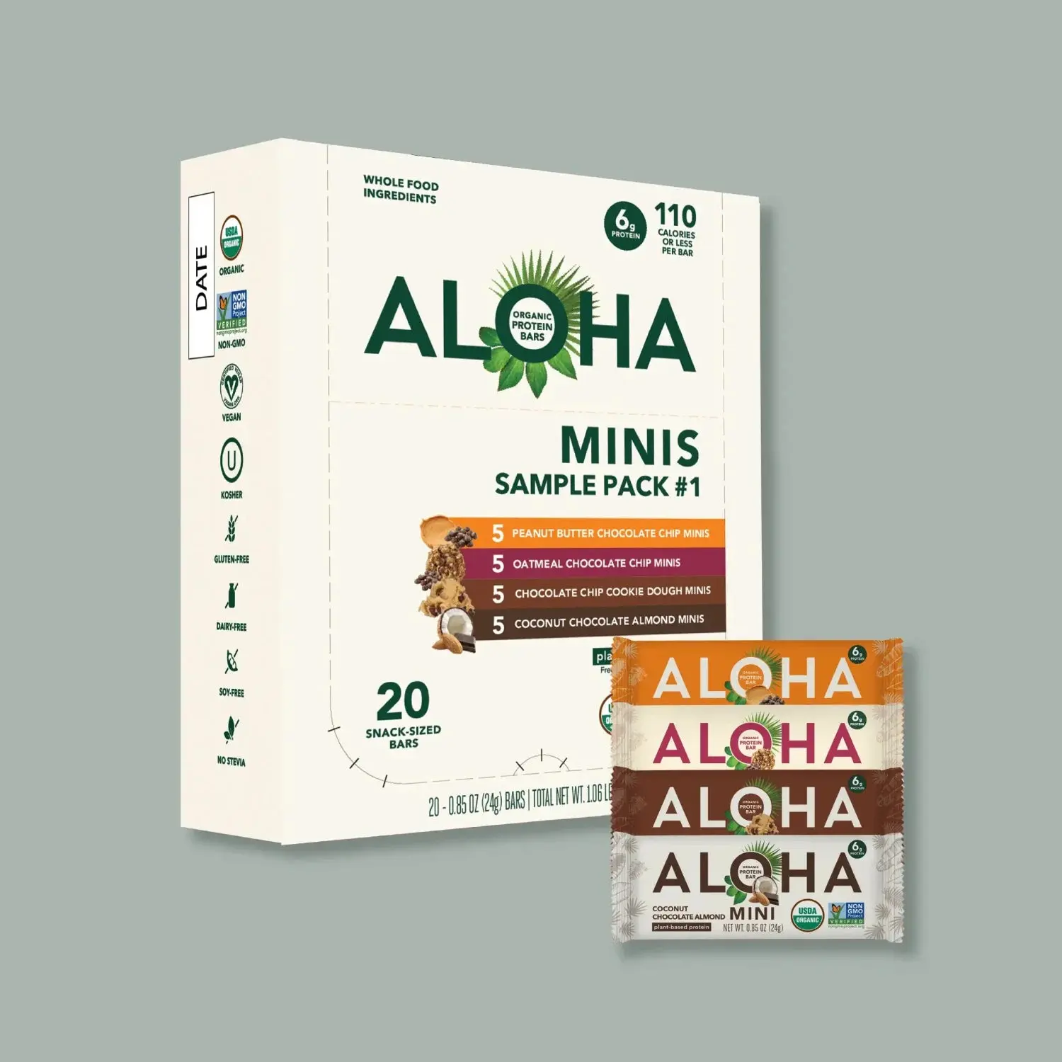 ALOHA Mini Protein Bar Sampler | 20 Minis, 4 Flavors | 6g Plant Protein, 2g Sugar Each | Certified USDA Organic, Vegan, Gluten-Free | Bite-Sized Variety Pack + Healthy Snack