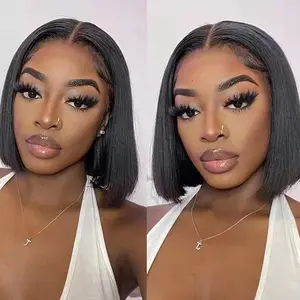 NERKRE 4x4 Glueless Bob Wig Human Hair Short Straight Wig 180% Density Pre Plucked Pre Cut Bleached for Black Women with Adjustable Elastic Band