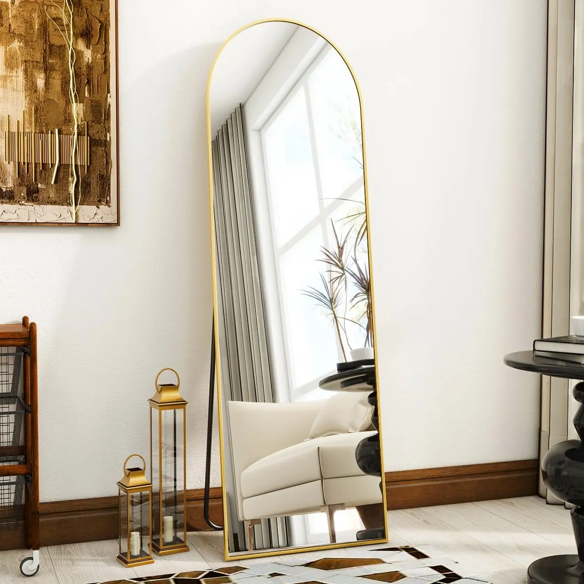 SEETHRUGLIMMER 59"x 16.25" Arched Full Length Mirror Metal Frame Floor Mirror with Stand, Gold