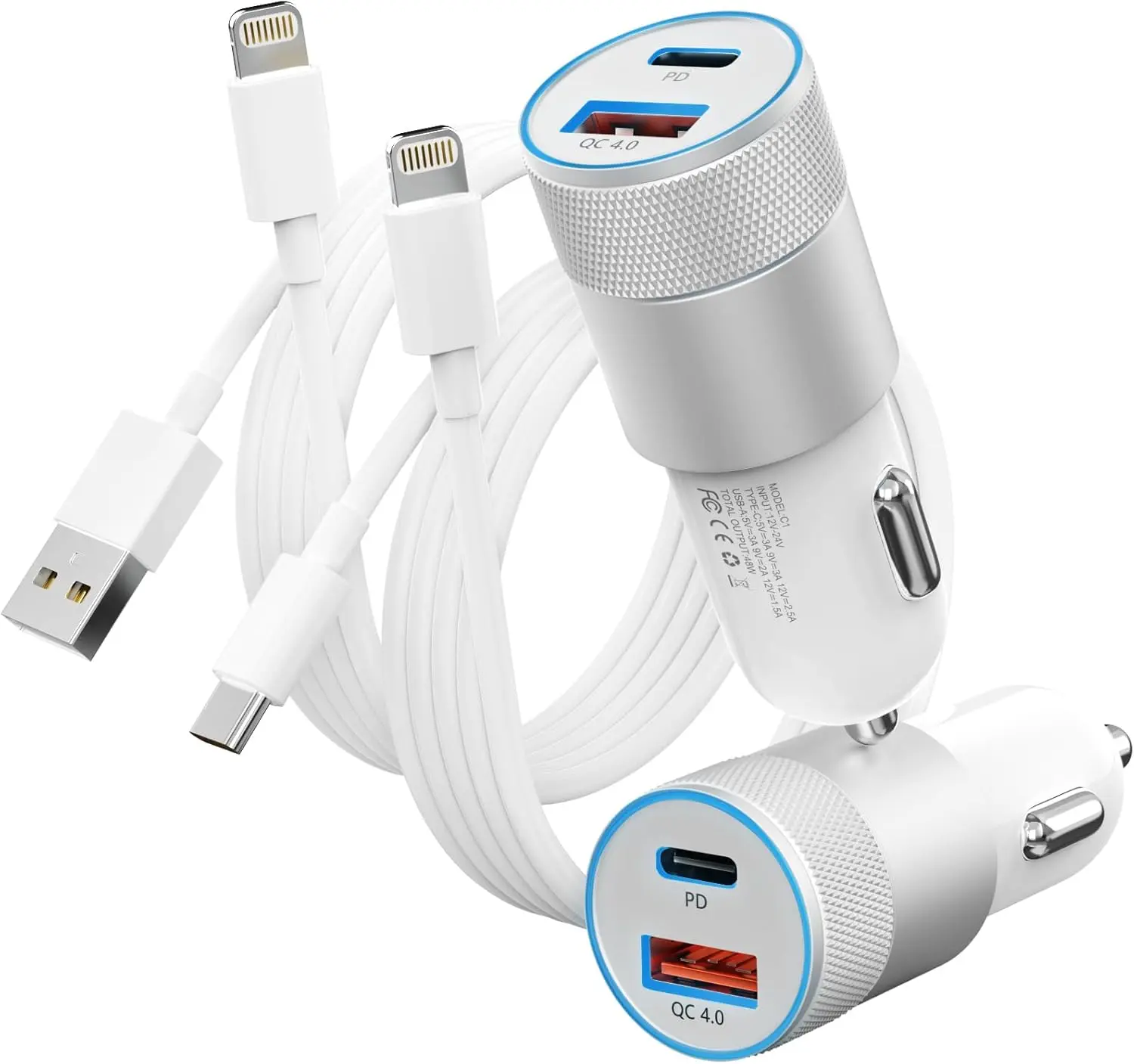 48W Dual-Port USB A & USB C Carplay-Compatible Double-Port Car Charger Adapter with 2-Pack High-Speed Lightning Cables for iPhone 14/14 Plus/14 Pro Max/14 Mini/11/SE/X, iPad & More, Double-Port Car Chargers