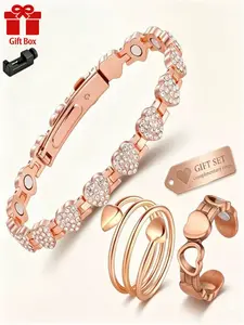 Women's Pure Copper Magnetic Bracelet Set, Includes 2 Rings, 3800 Gauss Strong Magnet, Diamond Design, Elegant Health Gift Box, Diamond Encrusted Bracelet
