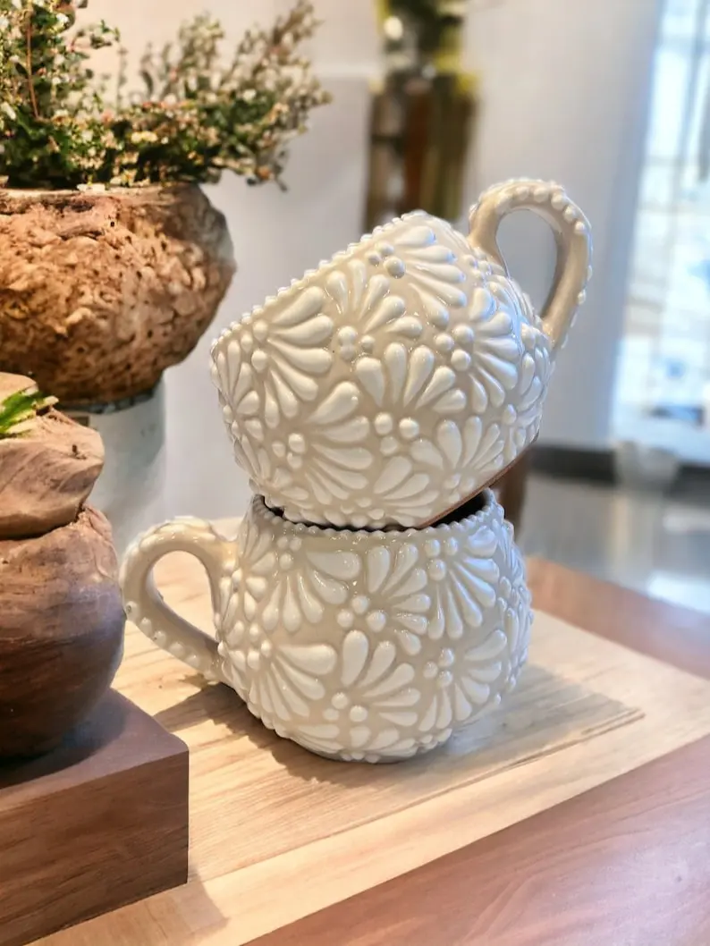 Talavera Ceramics Ivory Mug - Handmade Ceramic Tea Cup for Afternoon Tea and Home Decor - Tumbler, Drinkware