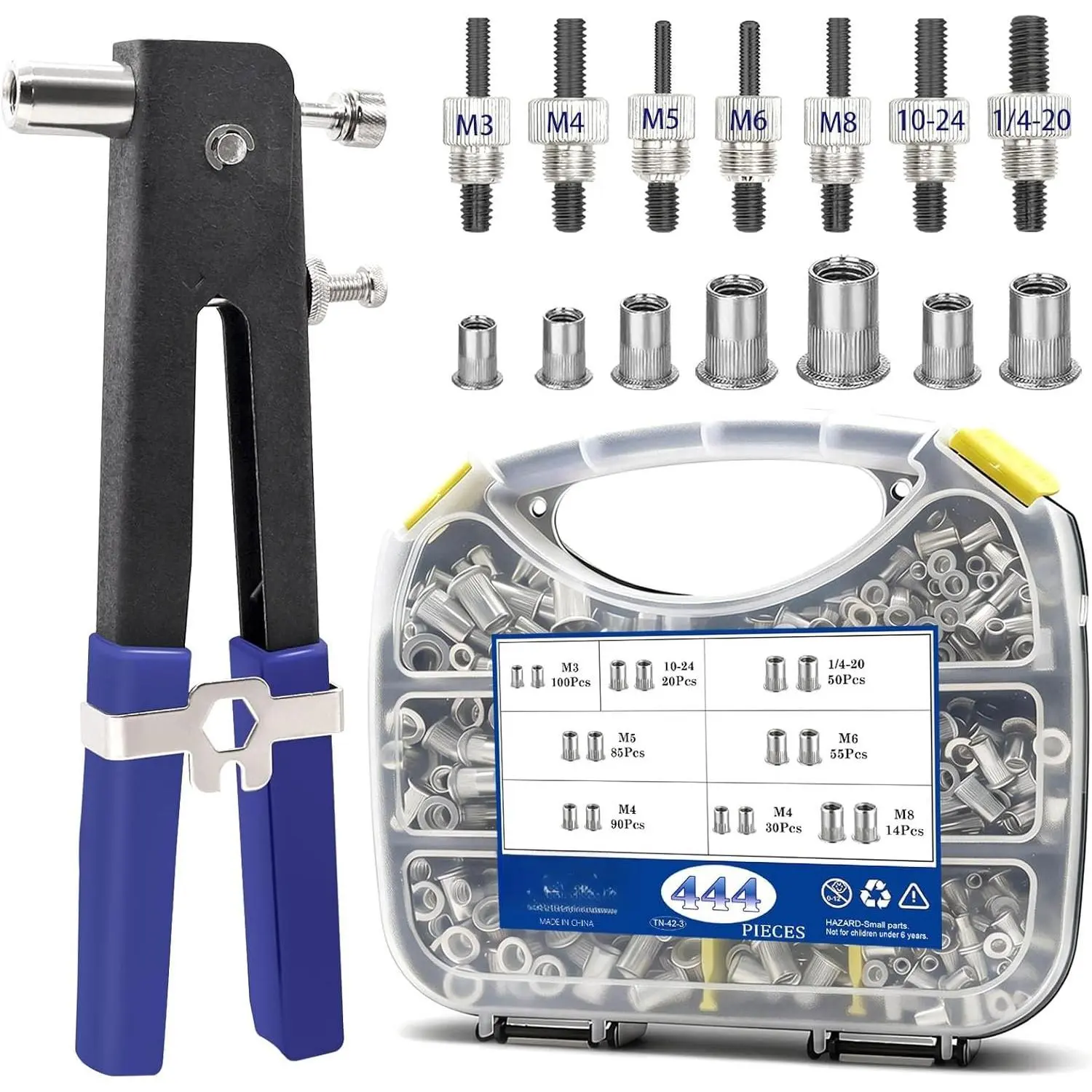 452 count Rivet Nut Tool Kit(1/4-20/10-24/M8/M6/M5/M4/M3),Nutsert Tool Kit with 7 Size SAE & Metric Rivet Nuts Assortment Kit Suitable for Automotive,Industrial Applications