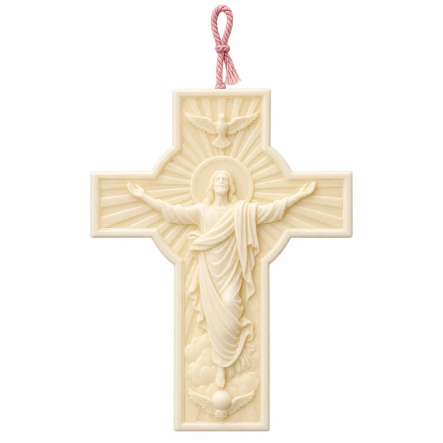 White Cross Candle - Elegant Design with Jesus Christ and Dove Motif, Perfect for Home Decor and Religious Settings