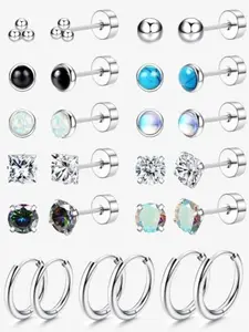 13 Pairs Silvery Black Flat Back Earrings for Women Men Unisex Daily Adornment Hypoallergenic Surgical Steel Friendly To Sensitive Ear Skin Diversified Ear Jewelry Set Lovely Tiny Stud Earrings Shimmering Zirconia Vivid Opal