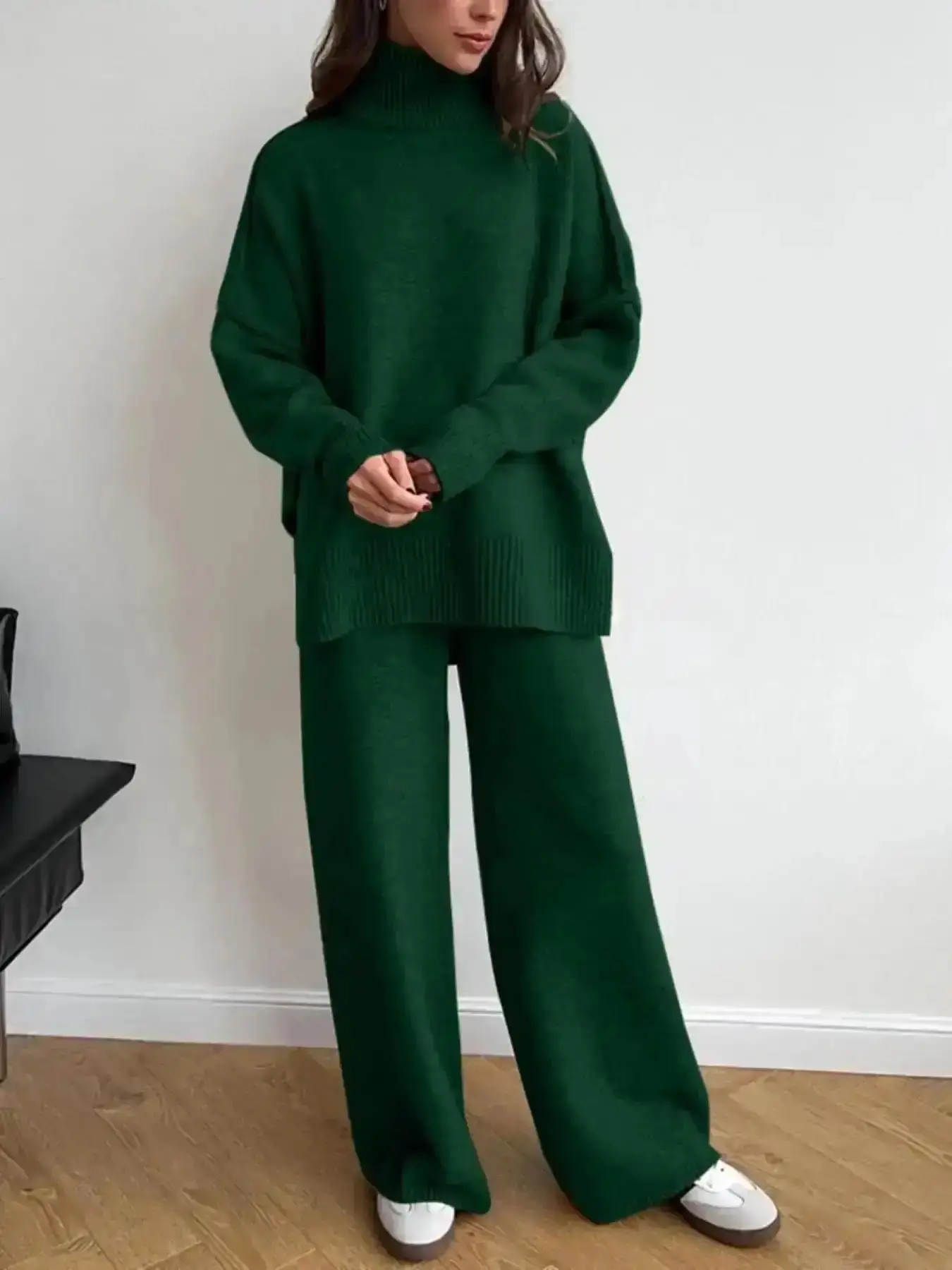 Women's 2 Pcs Solid Color Sweater Set for Autumn Winter, Long Sleeve High Neck Turtle Turtleneck Drop Shoulder Pullover and Wide Leg Pants, Fall Outfits, Casual Loungewear Womenswear flattering trending now comfy pants