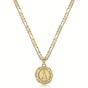 14K Yellow Gold Plated Initial Necklace with Round Letter Pendant, Capital Monogram Alphabets A-Z, Unisex Casual Accessory size40-50cm