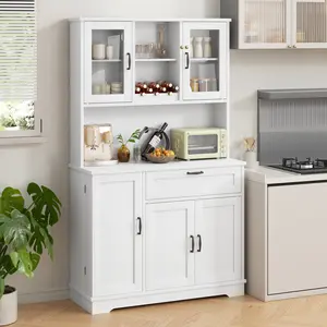 Walsunny Kitchen Pantry Storage Cabinet, Freestanding Buffet Cabinet with Microwave Stand, 4 Door Shelves, Adjustable Shelves & Wine Rack, White