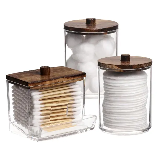 3 Pack Qtips Holder Bathroom Container, 10 oz Cotton Ball/Swabs Dispenser, Apothecary Jar Organizer for Storage Brown Wood Lids