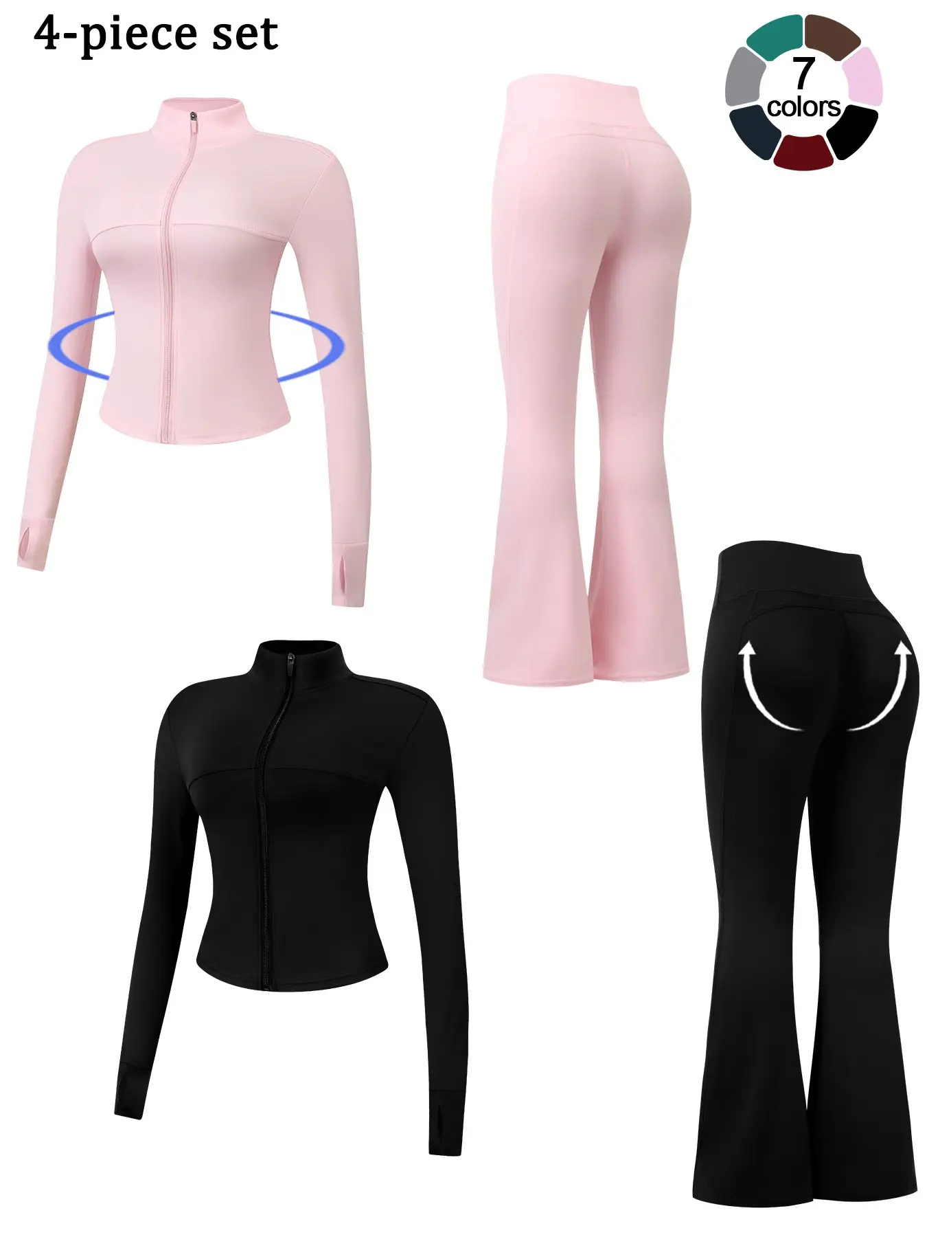 New Women Sports Set Zipper Stand Collar Thumb Hole Jacket Long Sleeve Solid Color High Waist Tummy Control Hip Lifting Flared Pants Yoga Wear Gym Outdoor Running Daily Shopping Vacation Party Comfortable Outfit Sportswear Fitness Sportswear Set