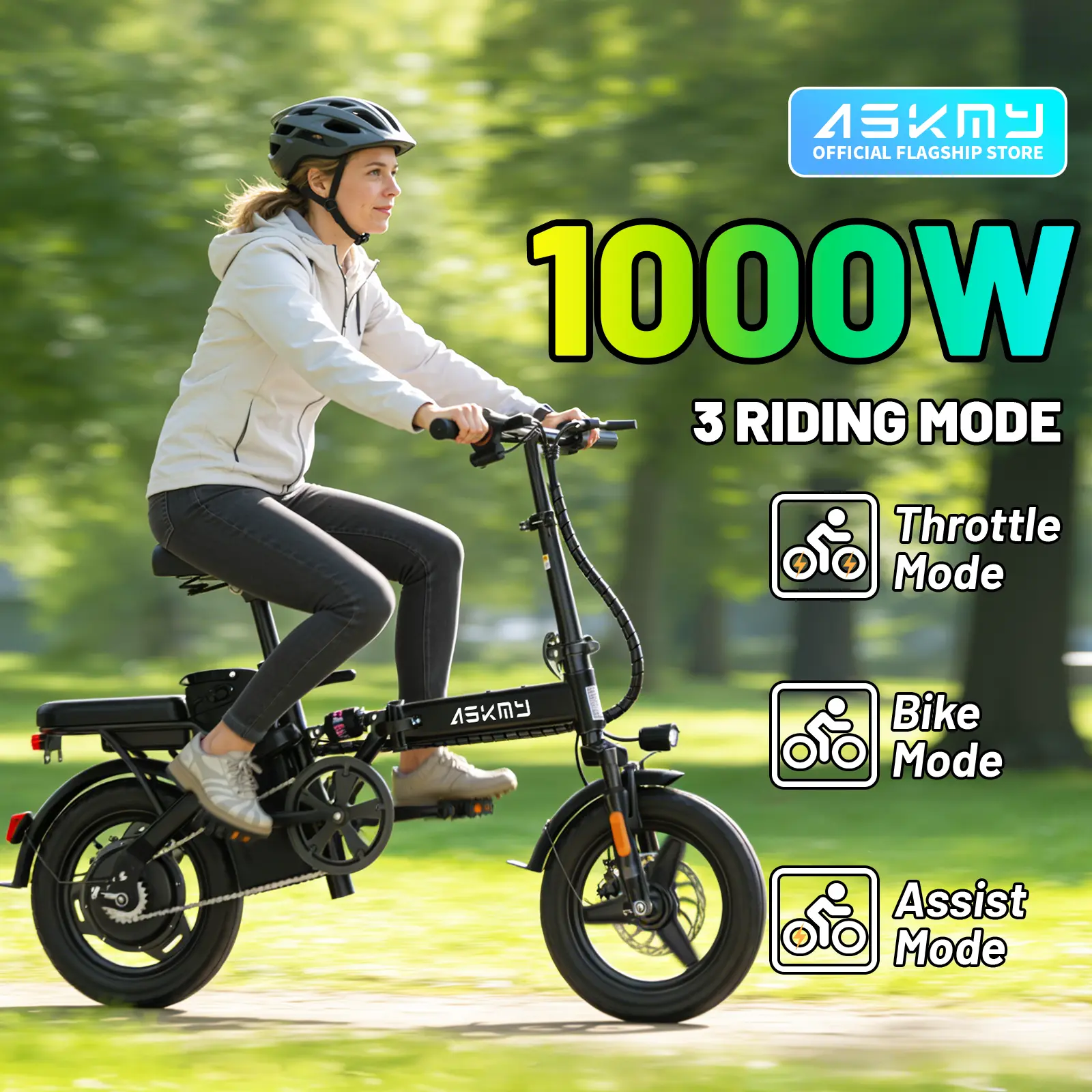 ASKMY E14 Urban Folding Electric Bike, 1000W Peak Motor, Up to 45 Miles Long Range | 14" Tubeless Tires, Dual Disc Brakes | UL Certified Removable Battery, Lightweight Compact Design for Urban Riding