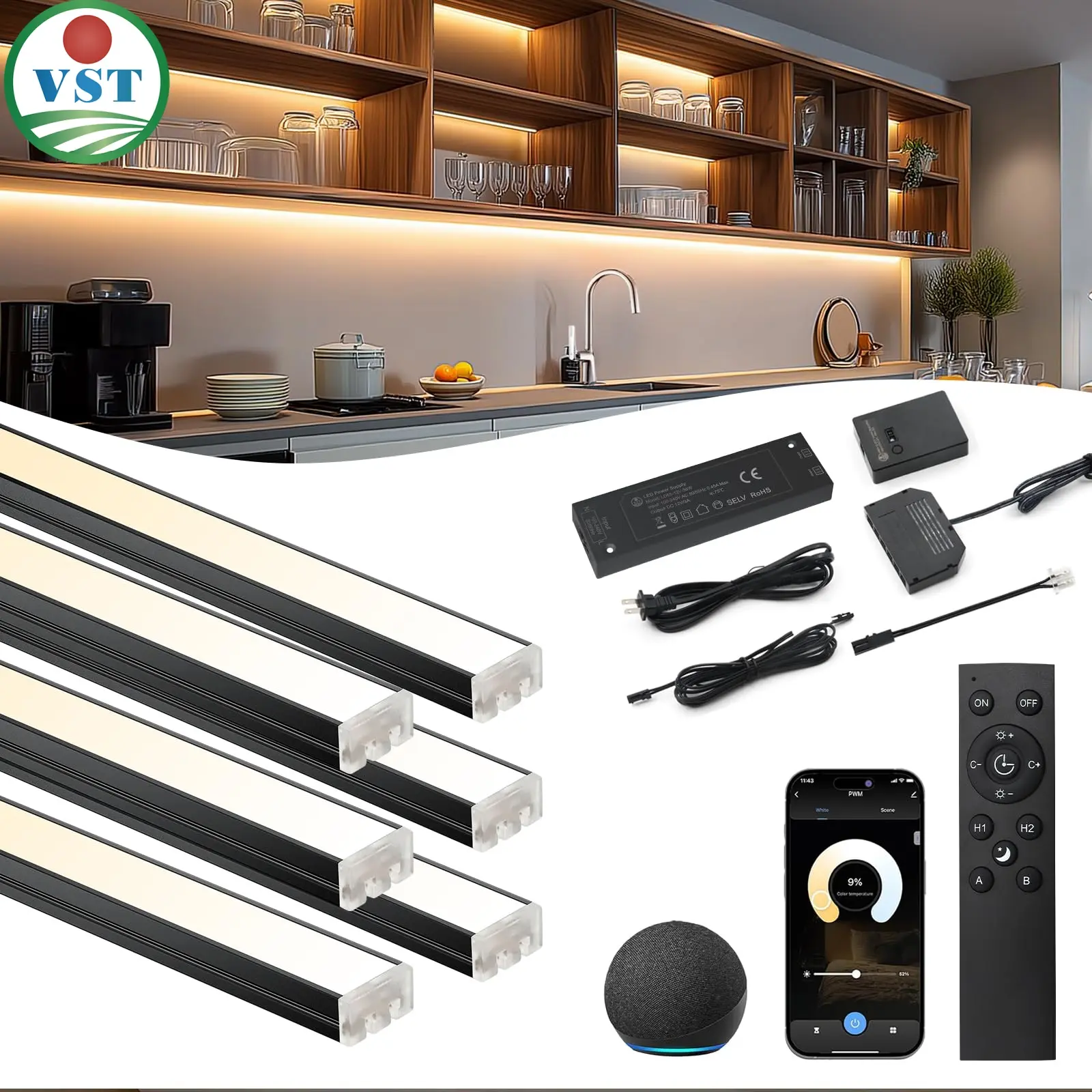 VST Smart Under Cabinet Aluminum Metal Lights, 6-Bar UL Listed Indoor Use Strip Lights with CRI 93+, Alexa & Google Home Compatible, Multi-Control (App/Voice/Hand Wave) Automatically Adjustable Specialty & Decorative Lighting for Kitchen Cabinets, Closets