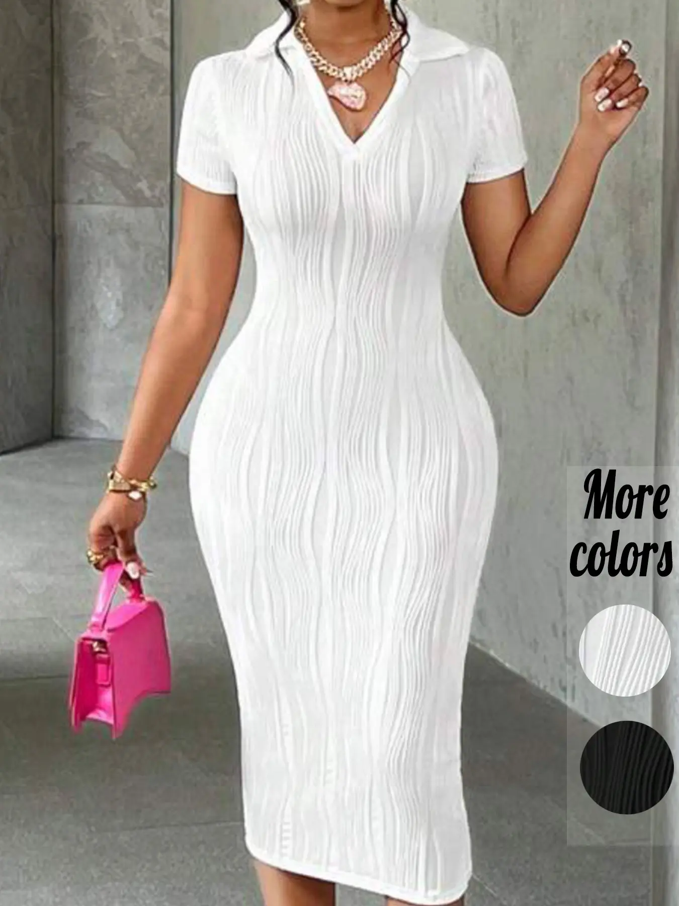 Plus‑Size 1 Piece Textured Ribbed Polo Collar Short Sleeve Bodycon Midi Dress, Office Casual, Summer Style, Slimming Wave‑Textured Fabric & Figure‑Hugging Silhouette, For Curvy Women, For Workwear, Brunch Dates & Evening Events, Womenswear