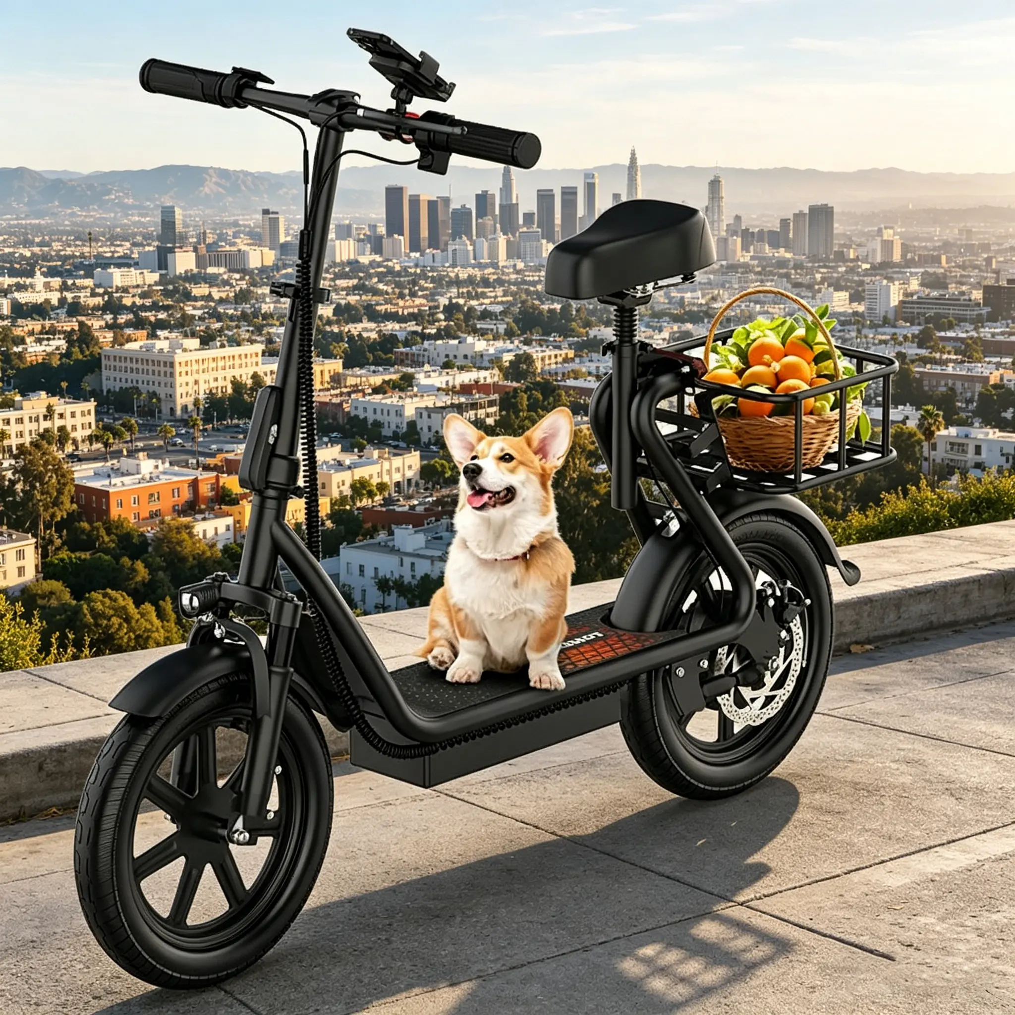Foldable Electric Scooter for Adults, Commuter E-Scooter with Seat & Basket, 750W Motor, 22 MPH, Dual Suspension, 28 mi Range, 14-in Pneumatic Tires, Dual Suspension Scooter