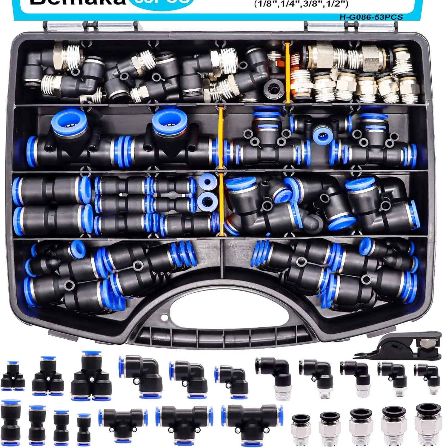 53 count Quick Connect Air Hose Fittings Kit, Push To Connect Fitting 1/8" 1/4" 3/8" 1/2" Air Line Quick Connect Fittings with NPT Thread, Quick Release Pneumatic Fitting Connectors Kit