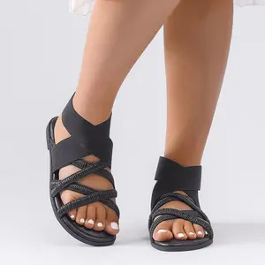 Luoika Women's Wide Width Flat Sandals, Elastic Band Ankle Strap Strappy Slide Sandals Slip on Dressy Summer Beach Shoes for Women.