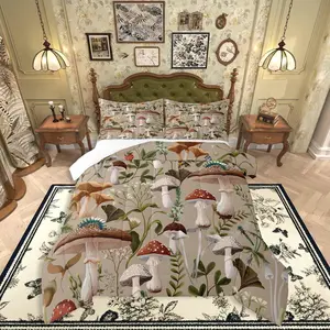 Mushroom Comforter Set,Watercolor Wild Jungle Plants Rustic Style Comforter for Kids Teens Adults Wild Dragonfly Moth Cute Strawberry Bedding Set 1 Comforter
