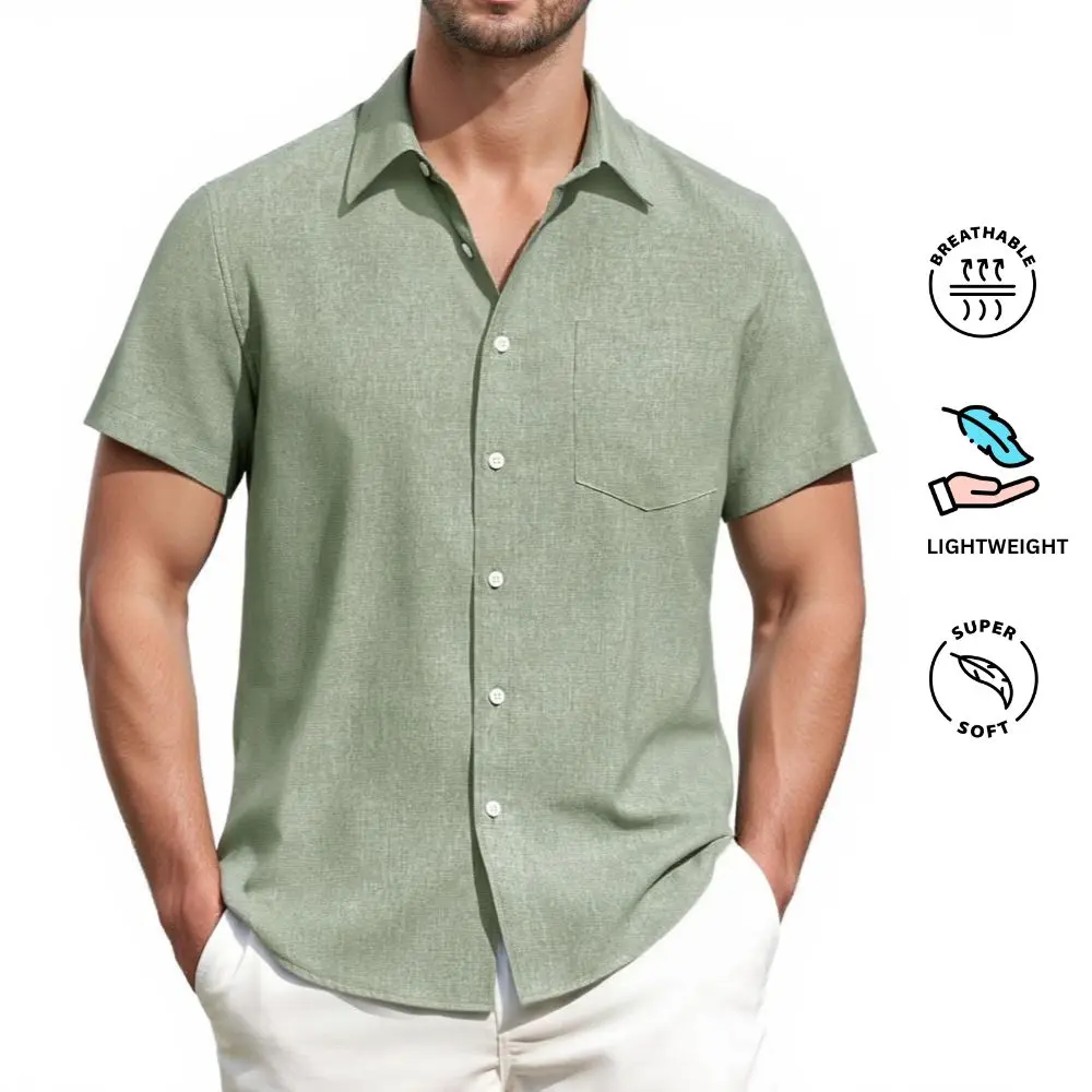 ROUWELL Men's Linen Shirts Short Sleeve Dress Shirts for Men with Pocket Vacation Beach Summer Party Wedding Casual Button Down Shirts, Lightweight Breathable Comfort Soft Fabric Spread Collar Linen Shirts for Men #BacktoSchool